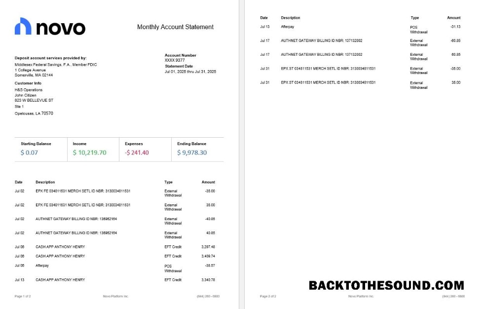 Pobierz Novo Platforma INC online Biznes banking Wyciąg bankowy, 2 pages Próbka szablon
