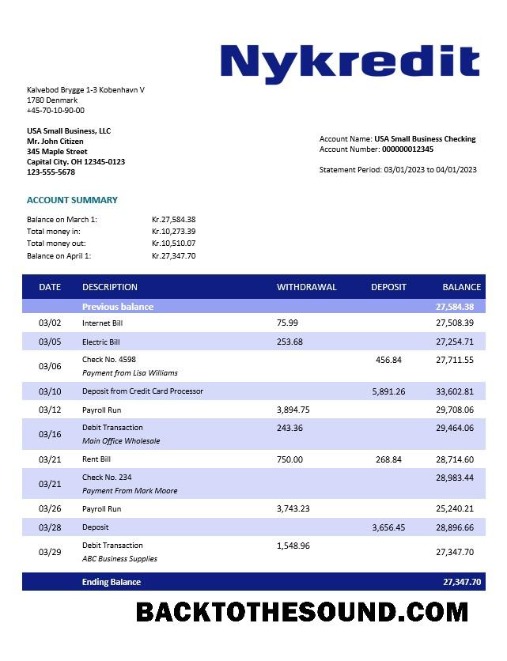 Pobierz Nykredit Bank organizacja Wyciąg bankowy Word and PDF Próbka podgląd