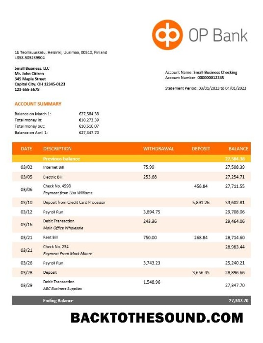 Pobierz OP Bank Firma Konto Wyciąg bankowy Word and PDF Próbka szablon