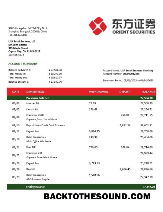 Pobierz Orient Securities Biznes Bank Wyciąg bankowy Word and PDF Próbka podgląd