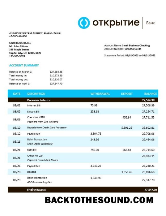 Pobierz Otkritie FC Bank enterprise Konto Wyciąg bankowy Word and PDF Próbka podgląd