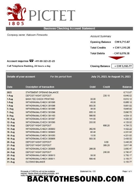Pobierz Pictet Bank firma Konto Wyciąg bankowy Word and PDF Próbka makieta