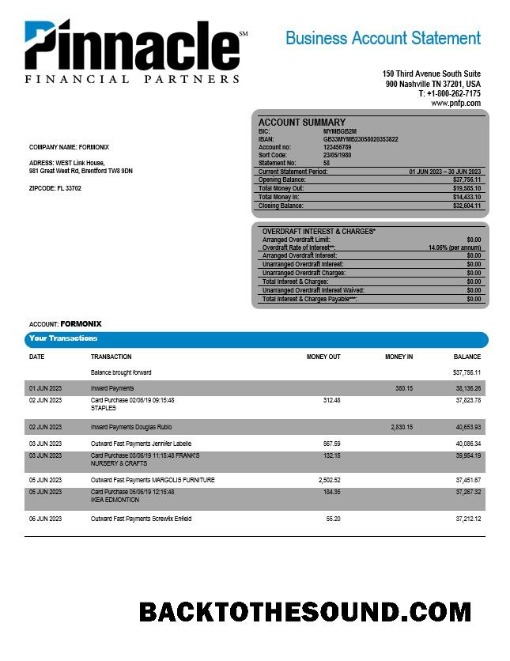 Pobierz Pinnacle Financial Bank firma Konto Wyciąg bankowy Word and PDF Próbka szablon