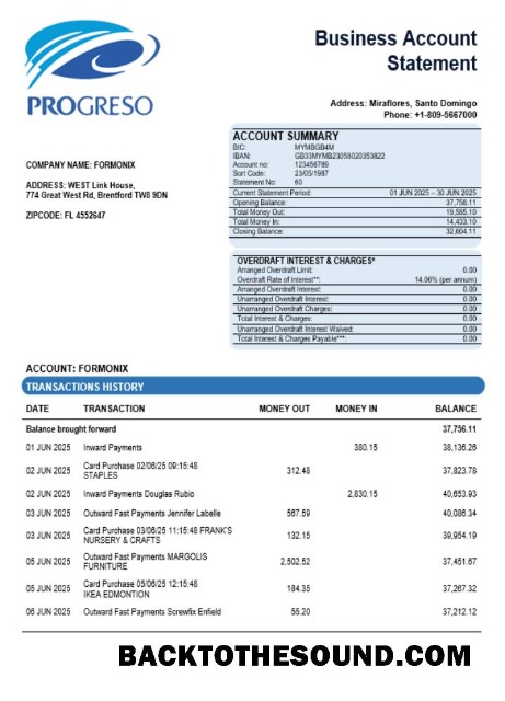 Pobierz Progreso Biznes Konto Wyciąg bankowy Word and PDF Próbka projekt