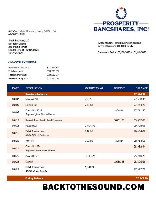 Pobierz Prosperity Bancshares Inc Firma sprawdzanie Konto Wyciąg bankowy Word and PDF Próbka szablon