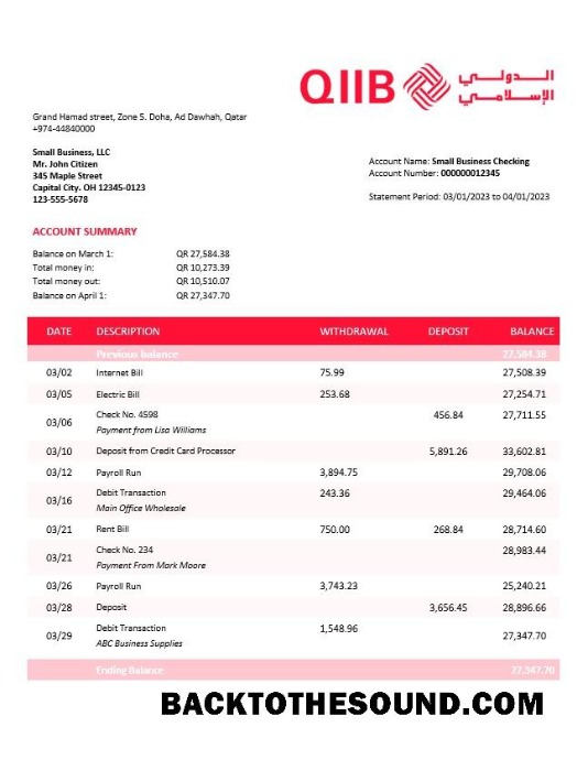 Pobierz QIIB firma Konto Wyciąg bankowy Word and PDF Próbka próbka