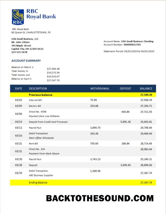 Pobierz RBC Royal Bank enterprise sprawdzanie Konto Wyciąg bankowy Word and PDF Próbka próbka