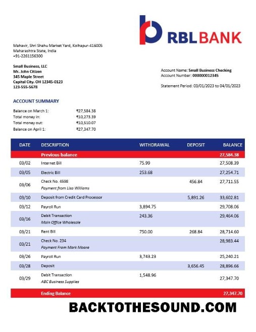 Pobierz RBL Bank enterprise Konto Wyciąg bankowy Word and PDF Próbka szablon