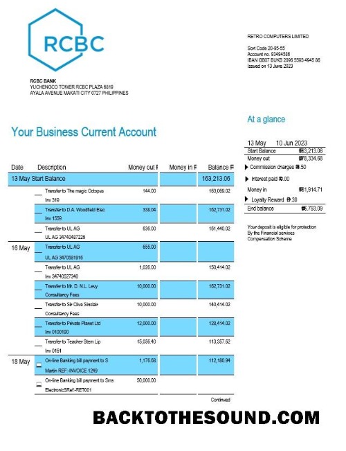 Pobierz RCBC Bank organizacja Konto Wyciąg bankowy Word and PDF Próbka makieta