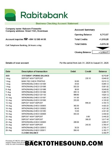 Pobierz Rabitabank Biznes firma Wyciąg bankowy Word and PDF Format Próbka projekt