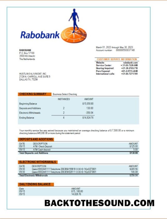 Pobierz Rabobank Bank organizacja Konto Wyciąg bankowy Word and PDF Próbka makieta