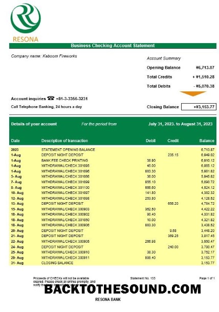 Pobierz Resona Bank Firma sprawdzanie Konto Wyciąg bankowy Word and PDF Próbka podgląd