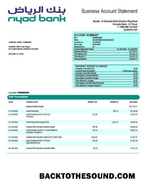 Pobierz Riyad Bank enterprise Wyciąg bankowy Word and PDF Próbka szablon
