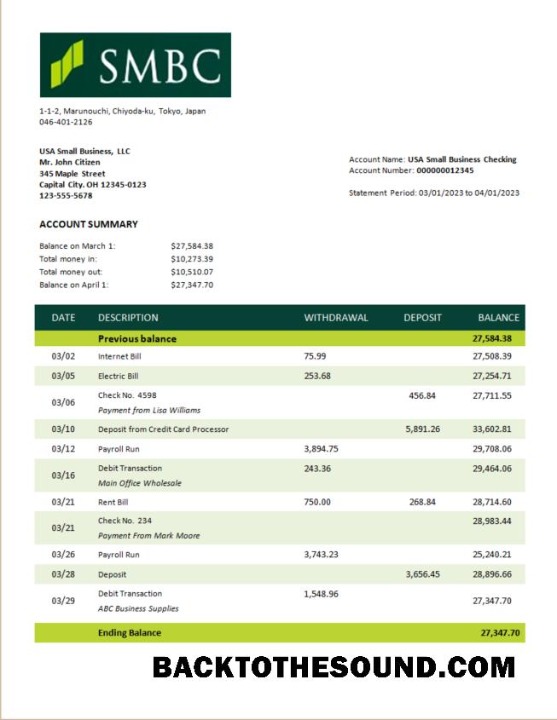 Pobierz SMBC Bank firma Konto Wyciąg bankowy Word and PDF Próbka projekt