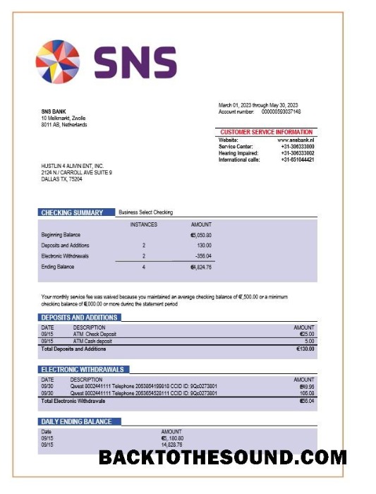 Pobierz SNS Bank enterprise Konto Wyciąg bankowy Word and PDF Próbka makieta
