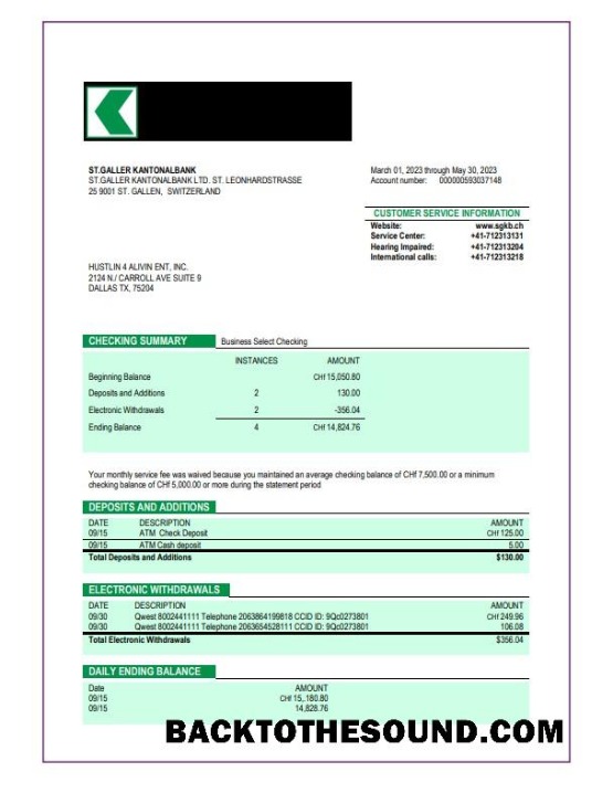 Pobierz ST. Galler Kantonalbank organizacja sprawdzanie Konto Wyciąg bankowy Word and PDF Próbka szablon