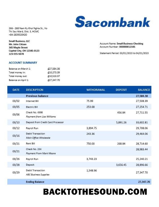 Pobierz Sacombank organizacja sprawdzanie Konto Wyciąg bankowy Word and PDF Próbka podgląd