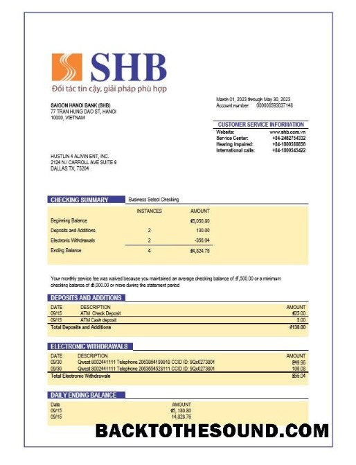 Pobierz Saigon Hanoi Bank (SHB) organizacja Konto Wyciąg bankowy Word and PDF Próbka podgląd