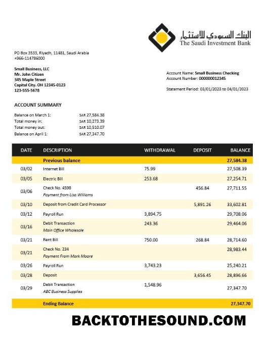 Pobierz Saudi Inwestycja Bank Biznes sprawdzanie Konto Wyciąg bankowy Word and PDF Próbka próbka