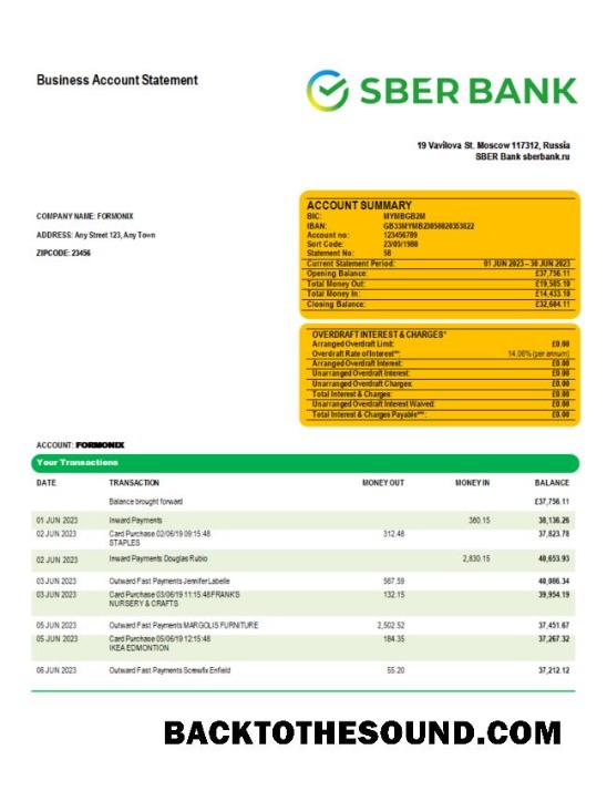 Pobierz Sberbank Bank enterprise sprawdzanie Konto Wyciąg bankowy Word and PDF Próbka szablon
