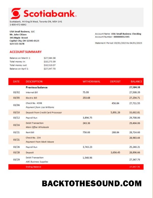 Pobierz Scotiabank Bank organizacja Wyciąg bankowy Word and PDF Próbka podgląd