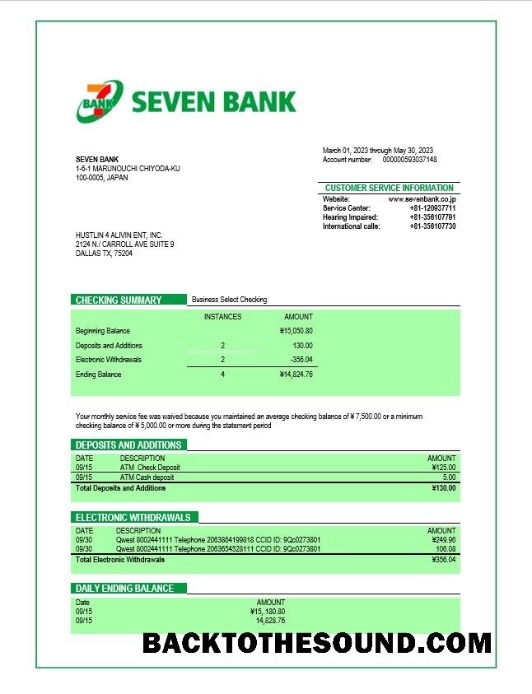 Pobierz Seven Bank Firma sprawdzanie Konto Wyciąg bankowy Word and PDF Próbka makieta