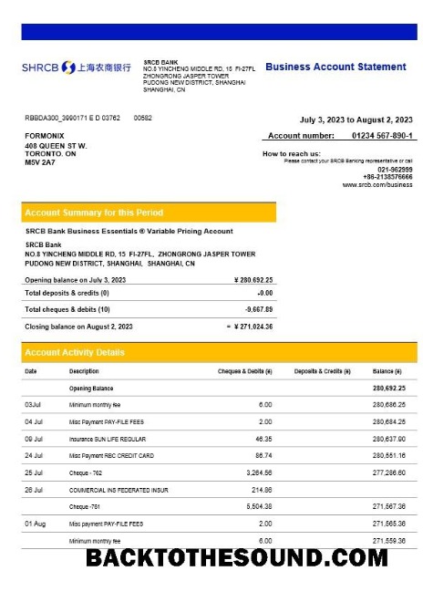 Pobierz Shanghai Rural komercyjny Bank enterprise Wyciąg bankowy Word and PDF Próbka projekt