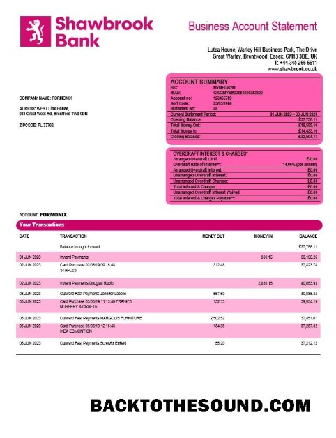 Pobierz Shawbrook Group enterprise Konto Wyciąg bankowy Word and PDF Próbka podgląd