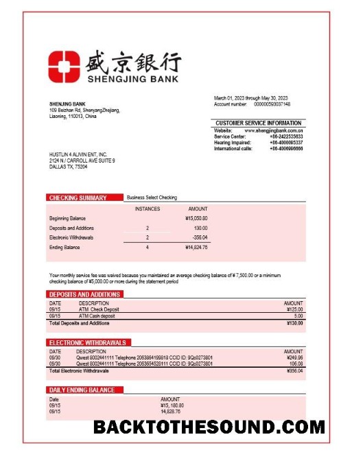Pobierz Shengjing Bank Firma sprawdzanie Konto Wyciąg bankowy Word and PDF templa Próbka próbka
