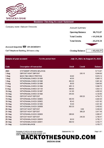 Pobierz Shizuoka Bank organizacja sprawdzanie Konto Wyciąg bankowy Word and PDF Próbka próbka