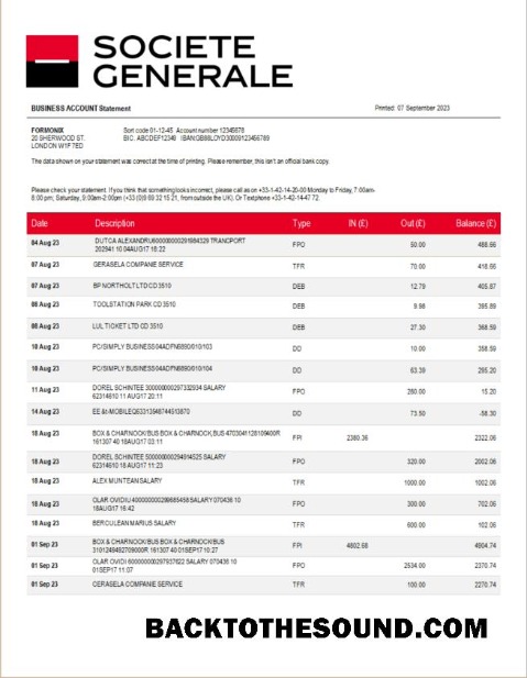 Pobierz Societe Generale Bank firma Konto Wyciąg bankowy Word and PDF Próbka szablon