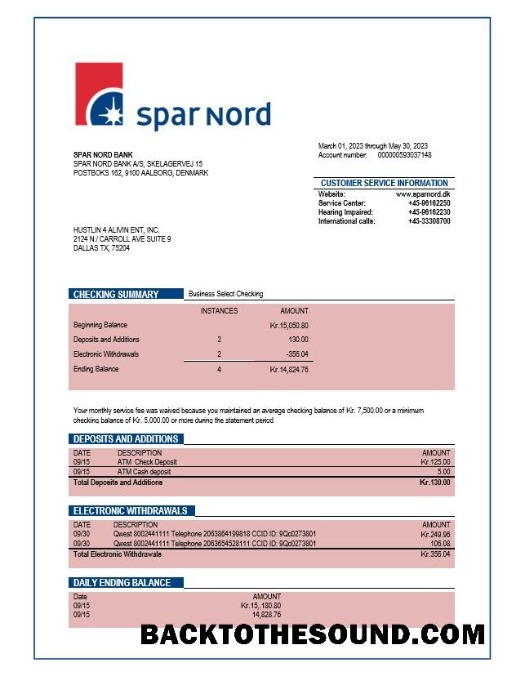 Pobierz Spar Nord Bank Firma sprawdzanie Konto Wyciąg bankowy Word and PDF Próbka szablon