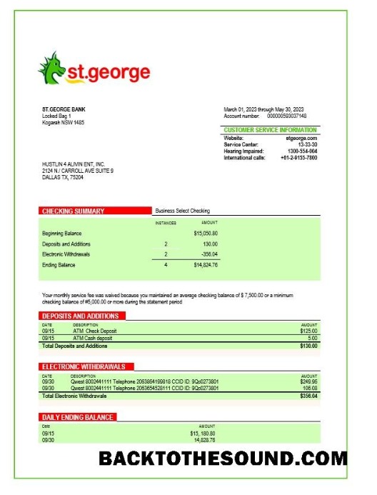 Pobierz St. George Bank organizacja Wyciąg bankowy Word and PDF Próbka projekt