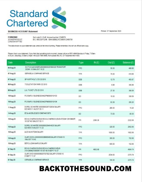 Pobierz standardowy Chartered Bank Firma Konto Wyciąg bankowy Word and PDF Próbka projekt