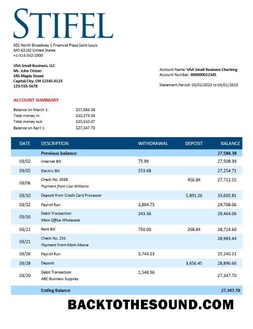 Pobierz Stifel Financial Bank firma Wyciąg bankowy Word and PDF Próbka makieta