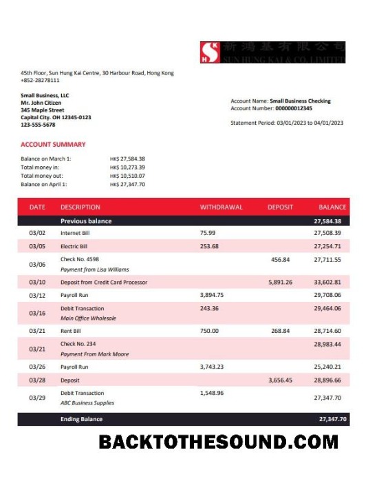 Pobierz Sung Hung Kai Bank Firma Konto Wyciąg bankowy Word and PDF Próbka próbka