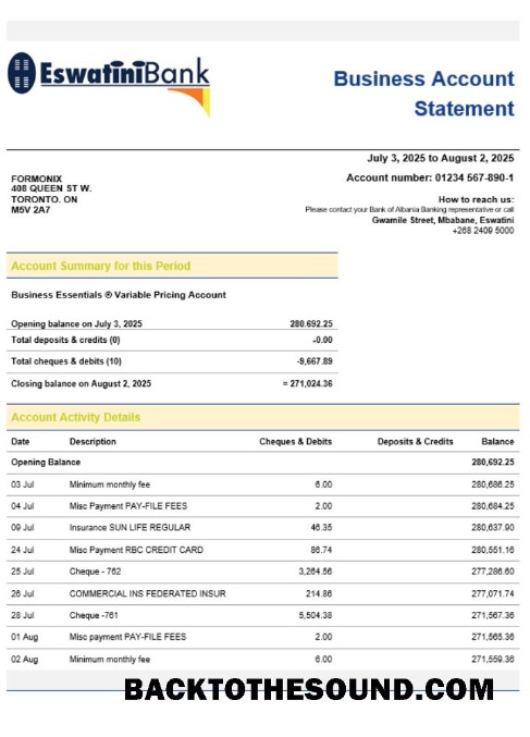 Pobierz Swazibank Limited Firma sprawdzanie Konto Wyciąg bankowy Word and PDF Próbka próbka