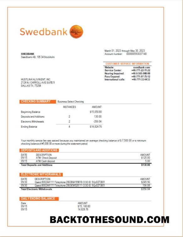 Pobierz Swedbank Biznes sprawdzanie Konto Wyciąg bankowy Word and PDF Próbka próbka