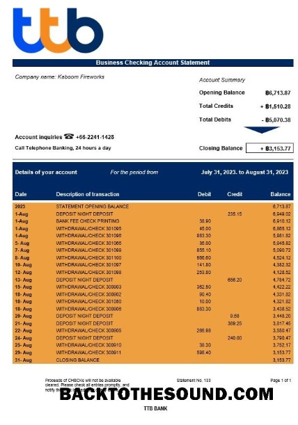 Pobierz TTB Bank corporate sprawdzanie Konto Wyciąg bankowy Word and PDF Próbka makieta