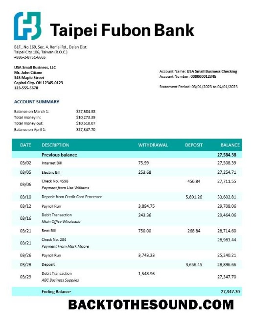 Pobierz Taipai Fubon Bank corporate sprawdzanie Konto Wyciąg bankowy Word and PDF Próbka projekt
