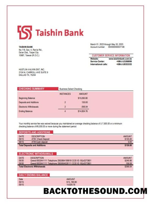 Pobierz Taishin Bank enterprise Wyciąg bankowy Word and PDF Próbka szablon