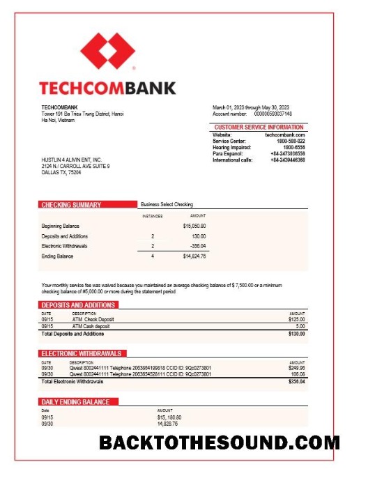 Pobierz Techcombank corporate sprawdzanie Konto Wyciąg bankowy Word and PDF Próbka próbka