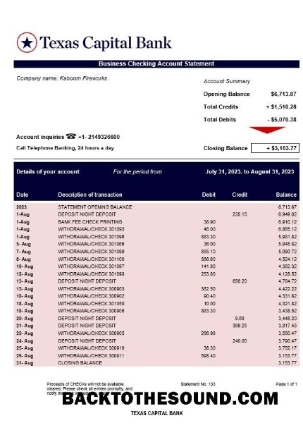 Pobierz Texas Capital Bank Firma Konto Wyciąg bankowy Word and PDF Próbka próbka