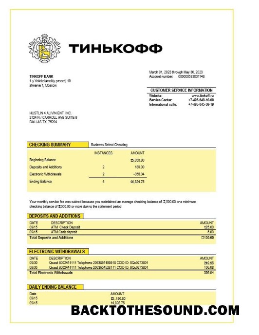 Pobierz Tinkoff Bank firma Wyciąg bankowy Word and PDF Próbka próbka
