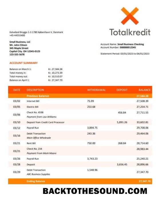 Pobierz Totalkredit Bank organizacja Konto Wyciąg bankowy Word and PDF Próbka makieta