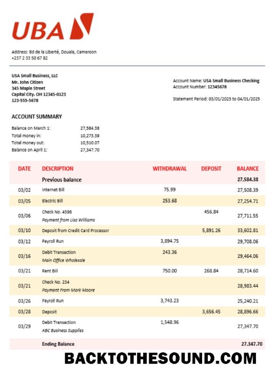 Pobierz UBA Firma Wyciąg bankowy Word and PDF Format Próbka projekt