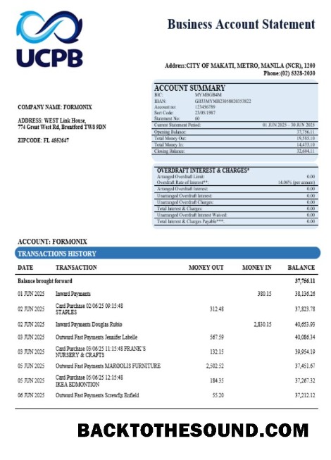 Pobierz UCPB Bank Firma Wyciąg bankowy Word and PDF Format Próbka próbka