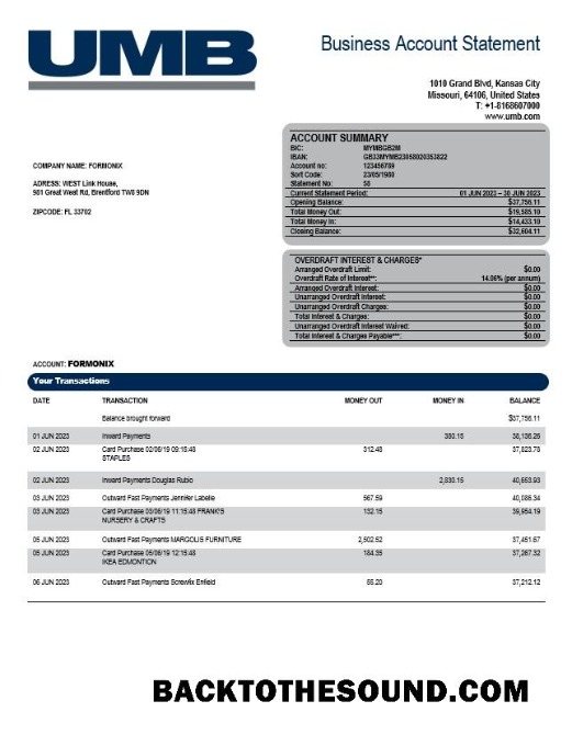 Pobierz UMB Bank enterprise Konto Wyciąg bankowy Word and PDF Próbka szablon
