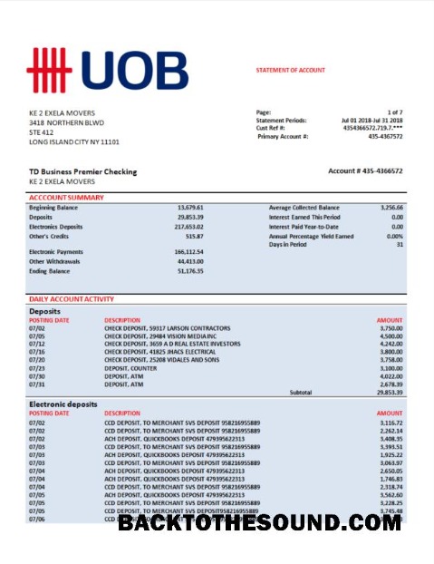 Pobierz UOB (zjednoczony Overseas Bank) firma Konto Wyciąg bankowy Word and PDF Próbka próbka
