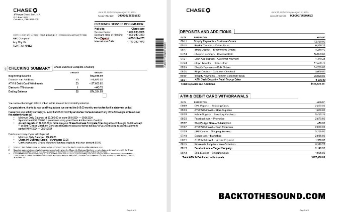Pobierz USA Chase Biznes Bank Wyciąg bankowy 5 pages, Word and PDF Format Próbka szablon